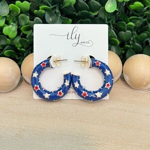 New Small Blue Enamel Hoop Earrings w/ Red and White Stars | Patriotic | USA